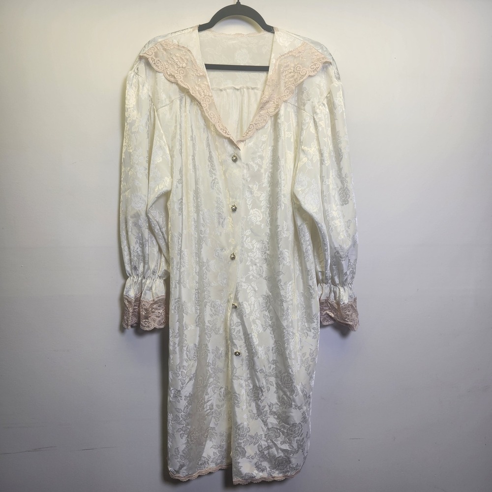 Colesce Couture Lingerie Vtg Satin Jacquard Dressing Gown Pearl Buttons Robe